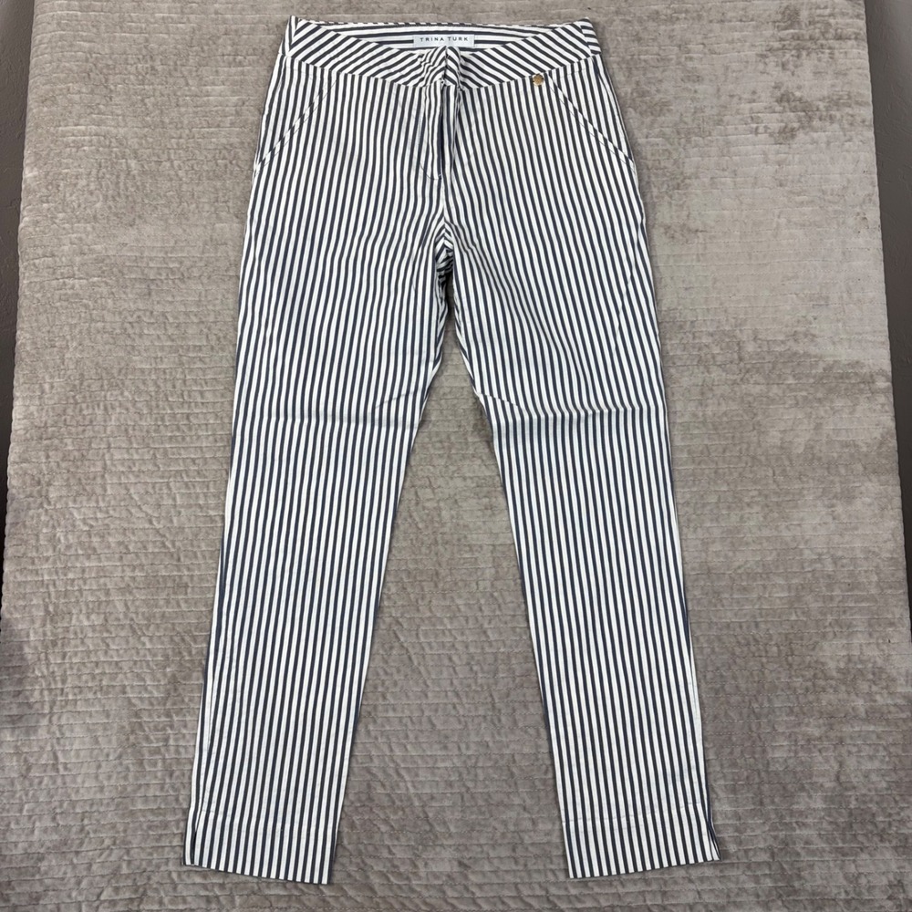 Trina Turk Navy Blue White Striped Slim Trousers Pants 0 Linen Blend 2004514YD1